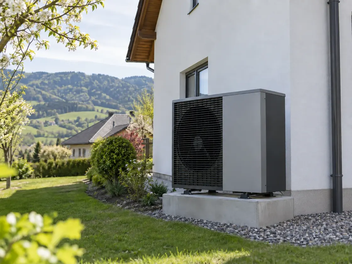 Außeneinheit einer Luft-Wasser-Wärmepumpe auf einem Betonsockel neben einem Einfamilienhaus
