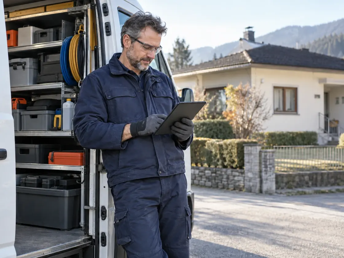 Handwerker lehnt an seinem Werkstattwagen und liest eine Nachricht auf dem Tablet