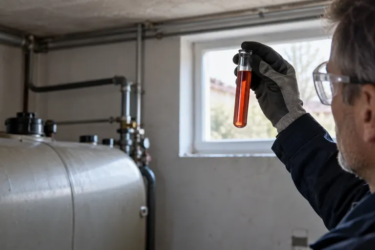 Probenglas mit rötlichem Heizöl vor dem Kellerfenster, dahinter der Heizöltank