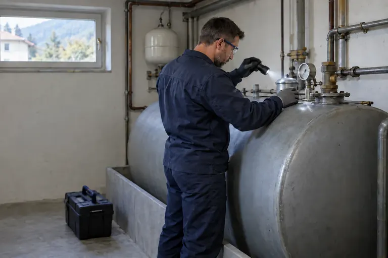 Techniker prüft mit der Taschenlampe die Armaturen eines Heizöltanks im Tankraum