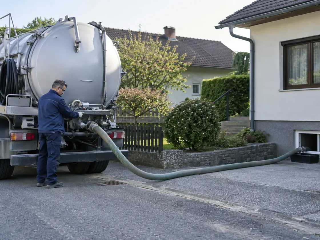 Saugwagen vor einem Einfamilienhaus, der Saugschlauch führt durch das Kellerfenster zum Tank